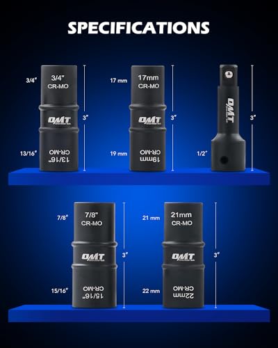 Orion Motor Tech Lug Nut Socket Set, 5pc 1/2" Drive Impact Flip Socket Set with Metric 17 19 21 22 mm & SAE 3/4 13/16 7/8 15/16 in. Sockets, Double Ended Thin Wall Nut Sockets with 3" Extension Bar - size: Flip, 17 19 21 22 mm & 3/4 13/16 7/8 15/16 in., s