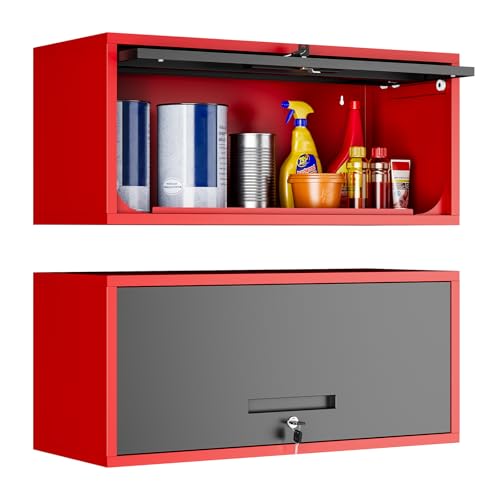 Yizosh Metal Wall Cabinet with Doors, Wall Mounted Storage Cabinet, Floating Tool Cabinet for Kitchen, Basement, Warehouse (Red Black, 13.7" H) - color: Red Black, size: 13"D x 32"W x 14"H