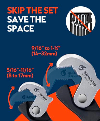 QUENCHING 2-Piece Self-Adjusting Crowfoot Wrench Set, 7.5" (5/16"–11/16", 8–17mm) & 9.5" (9/16"–1-1/4", 14–32mm), Rust Resistant Power Grip, Space-Saving Tool for Car & Home Repairs - size: 2-Piece Set (7.5" + 9.5")