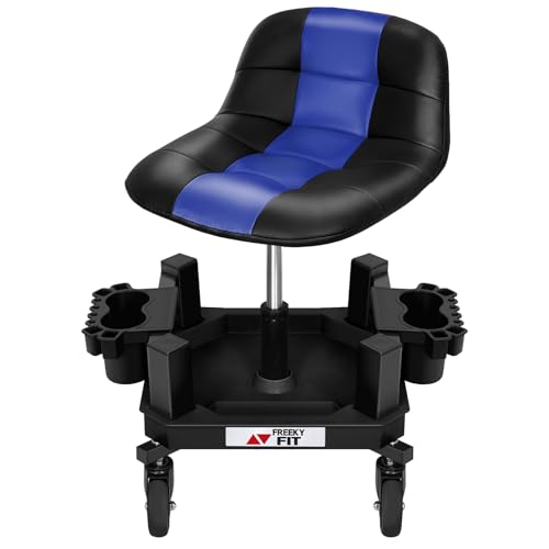 Rolling Stool with Wheels, Adjustable Shop Stool Mechanic Chair Seat Garage Shop Roller Work Chair Mobile Rolling Seat with Tool Tray, 2 Cup Holders, 4" Casters, 350 LBS, Heavy-Duty, Blue - color: Blue