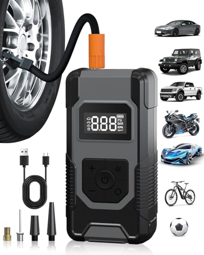 Tire Inflator Portable Air Compressor - 4X Faster Inflation Cordless Mini Air Pump with Digital Pressure Gauge with Digital Pressure Gauge/LED Light Portable Tire Inflator for Car Moto Bike Ball etc - color: Grey