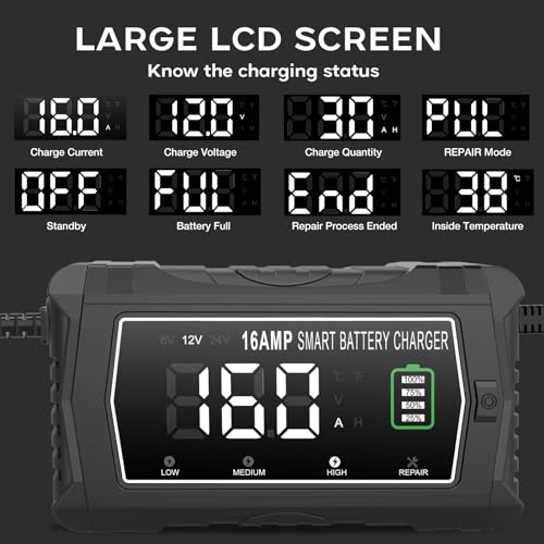 lifepo4 Charger 16-Amp Fully-Automatic Maintain,6V/12V/24V Lead-Acid(AGM/Gel/SLA)/Lithium lron LiFePO4 Trickle Charger,Pulse Repair Car Battery Charger,Deep Cycle