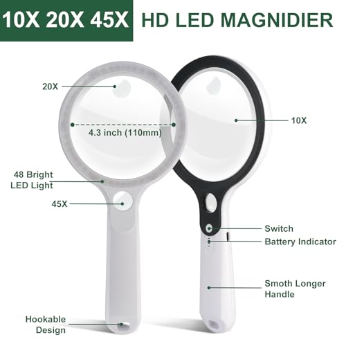 Magnifying Glass with 48 LED Light, 10X 20X 45X Handheld Illuminated Lighted Magnifier with 5 Light Modes Rechargeable Magnifying Glass for Seniors Reading Inspection (Black & White) - color: White Handle