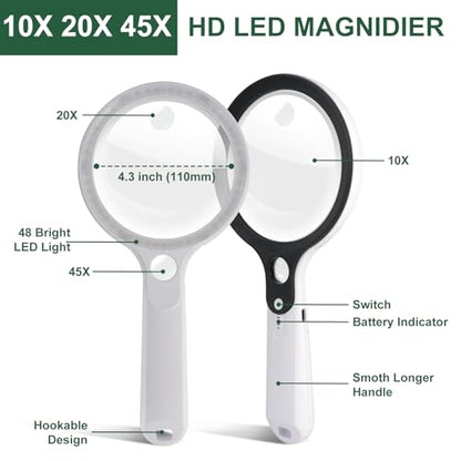 Magnifying Glass with 48 LED Light, 10X 20X 45X Handheld Illuminated Lighted Magnifier with 5 Light Modes Rechargeable Magnifying Glass for Seniors Reading Inspection (Black & White) - color: White Handle