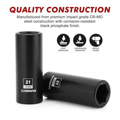 CASOMAN 1/2-Inch Drive x 21mm Deep Impact Socket, 6-Point, Metric, CR-MO - size: 21 mm (Deep), style: 6-Point Socket