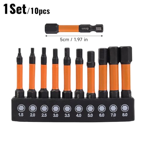 10Pcs/Set Impact Hex Head Allen Wrench Bits Set, with 1/4 Inch Hex Shank, S2 Steel Magnetic Impact Hexagonal Screwdriver Bits (50mm) - color: 50mm