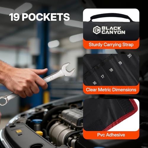 BLACK CANYON Combination Wrench Set with Pouch, Metric 19-Piece (6-24 mm), 12-Point Box End & Hex Opening, Long Pattern, Polished Steel - size: Metric -19 piece set