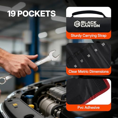 BLACK CANYON Combination Wrench Set with Pouch, Metric 19-Piece (6-24 mm), 12-Point Box End & Hex Opening, Long Pattern, Polished Steel - size: Metric -19 piece set