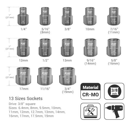 EWK 3/8 in Drive 13 Pcs Impact Bolt Extractor & Locking Lug Nut Removal Tool Set, CR-MO Flip-Style Stripped Screw and Damaged Nut Remover Sockets