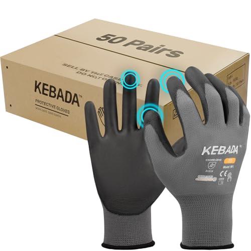 Kebada W1 Work Gloves for Men and Women, Touchscreen PU Coated Gloves with Grip, 50 Pairs Bulk Pack, Ideal for Warehouse Package Handling, Construction, Gardening, Gray Small - color: 50-pairs Gray, size: Small