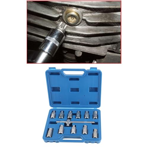 12 Pcs Drain Plug Key Socket Set, Steel Axle Oil Sump Spanner Wrench with T-Bar and Multiple Hex Sizes for Engine, Gear Box & Back Axle Oil Drain Plug Removal