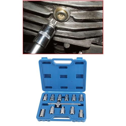 12 Pcs Drain Plug Key Socket Set, Steel Axle Oil Sump Spanner Wrench with T-Bar and Multiple Hex Sizes for Engine, Gear Box & Back Axle Oil Drain Plug Removal