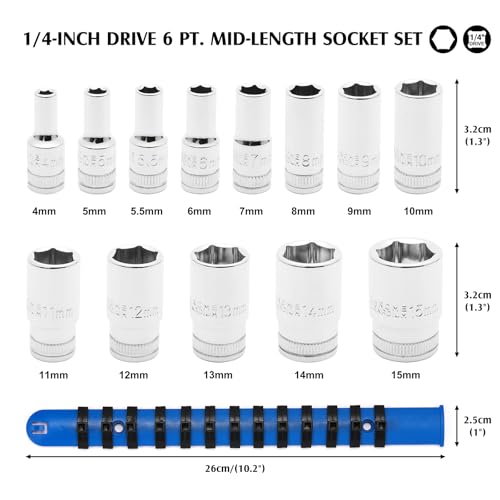 MIXPOWER 1/4" Drive Mid-Length Socket Set with Storage Rails, 13-Piece, 6 Point, 4-15mm, CR-V, Metric, Semi-Deep Socket Set - size: 1/4" Dr. Mid-Length, 4-15mm