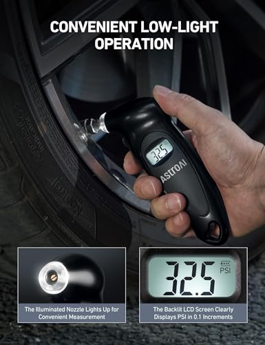 AstroAI Digital Tire Pressure Gauge 0-150PSI Calibrated to ANSI B40.7 +/-1PSI, Accurate in 0.1 Increments, Tire Repair Tools 4 Pressure Measurements for Car Truck with Backlight LCD, Black - color: Black