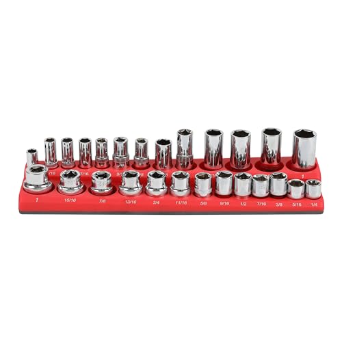HFS(R) 3/8-inch Magnetic Socket Organizer Set Magnetic Socket Organizer Tray SAE Standard 3/8" Socket Holder Magnetic Tool Organizer 26 Slot Red Hold