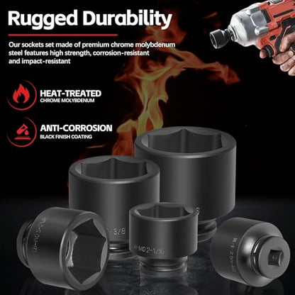 3/4" Drive Spindle Axle Nut Impact Socket Set, 6 Point Large Socket Set, CR-MO, 2-1/16" to 2-1/2", Heavy Duty Impact Socket Set Use In Removing And Installing Axle Nuts