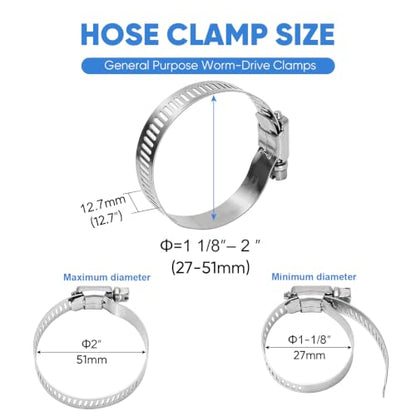 TICONN 12PCS Hose Clamp Set - 1 1/8''–2'' 304 Stainless Steel Worm Gear Hose Clamps for Pipe, Intercooler, Plumbing, Tube and Fuel Line (27–51 mm) - size: SAE #20 12PCS 1-1/8''~2"