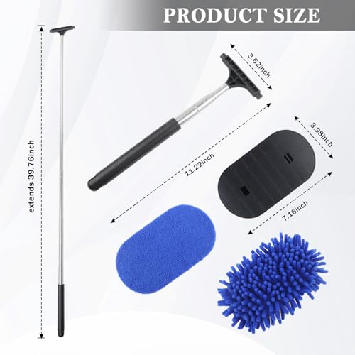 Car Windshield Cleaner Tool,3 in 1 Car Window Cleaner Tool Kit with Retractable Handle & 2 Re-Usable Microfiber Pads,180° Swivel Cars Cleaning Tools for Auto Outside/Inside