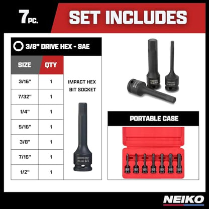 NEIKO 01131B 3/8-Inch-Drive Allen Socket Set, 3-Inch Length, 3/8-Inch Impact Hex-Bit Socket Set, SAE Hex Driver 3/16" to 1/2", CrMo Steel, Impact-Grade, 7-Piece Set - style: SAE