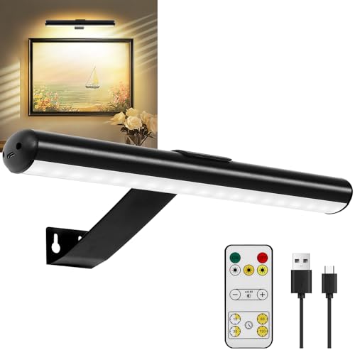Picture Light Battery,Brightness Dimmable Timer Setting,Rechargeable Painting Light for Pictures Display Art on Wall with 3 Colors Lighting Remote,Used for Frames Dartboard Portrait - color: Black, size: 13inch Standard 1-Pack