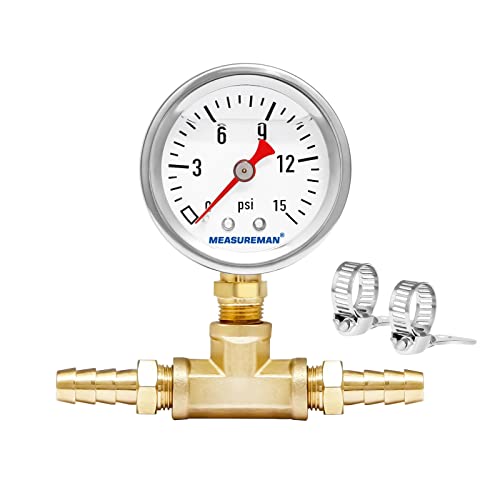 MEASUREMAN Fuel Pressure Gauge Kit 0-15Psi Stainless Steel Glycerin Filled, 1-1/2" Dial Size, with 5/16" Fuel Line Fuel Pressure Brass T-Fitting Adapter, Lower Mount - size: 0-15 psi, style: Lower Mount T-Fitting Adapter