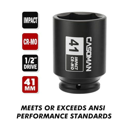 CASOMAN 1/2" Drive x 41mm Deep 6 PT Impact Socket, CR-MO, 1/2-Inch Drive Axle Nut Socket for Easy Removal of Axle Shaft Nuts (41MM) - size: 41 mm (Deep), style: 6-Point Socket
