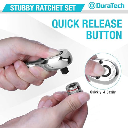 DURATECH 3PCS Stubby Ratchet Wrench Set, 90-Tooth 1/4" 3/8" 1/2" Drive Socket Wrench, Mini Small Ratchet with CR-MO Head, Quick-Release & Reversible Design, Full Polished, EVA Organizer - style: 1/4" & 3/8" & 1/2" Ratchet Set (3-Piece)