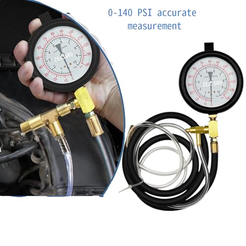 Fuel Injection Pressure Tester Kit 0-140 PSI, Pro Fuel Pressure Gauge with 3 Sizes Fuel Line Fittings (6.30mm/7.89mm/9.49mm) for Car, Truck, Motorcycle