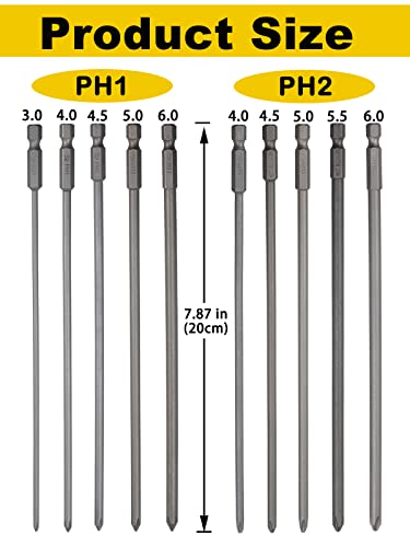 Rocaris 10 Pcs Extra Long Phillips Screwdriver Bit Sets, 1/4 Inch Hex Shank | 8 Inch, Magnetic Screwdriver Bits Cross Head S2