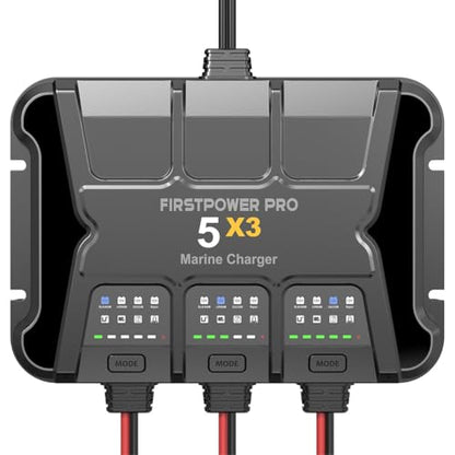 3 Bank Marine Battery Charger 5X3, 15A (5A/Bank) - 15A Onboard Charger, 12V Waterproof Boat Battery Charger, Battery Maintainer for SLA/AGM, Lithium, Calcium - Charged 24/7