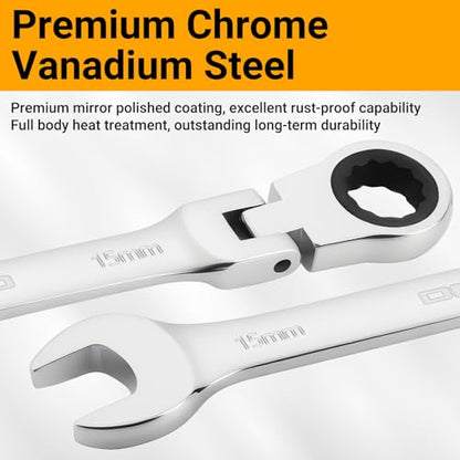 DEKOPRO 8-PC Flex Head Ratcheting Wrench Set, Metric Standard 9-17mm, 72-Tooth Cr-V Combination Wrenches with Portable Pouch for Mechanics & Home Maintenance - size: Metric