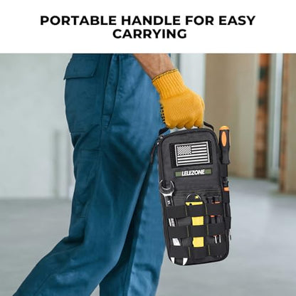 Portable Small Tool Bag, Organizer Storage Box for EDC, Motorcycle, Road Bike, Electricians and More with US Flag Patch and Heavy Duty Grab Handle, Multi-Purpose Utility Work Organizer Bag