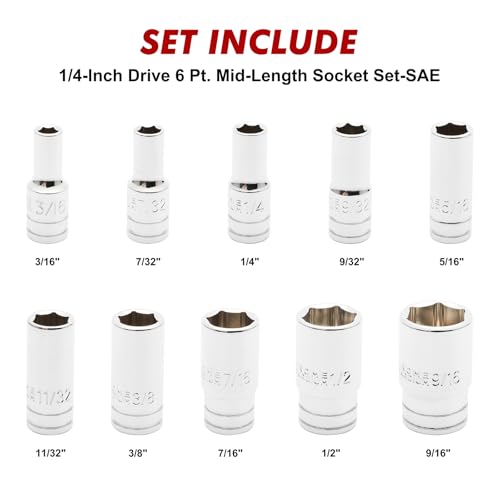 CASOMAN 10PCS 1/4"Drive 6 Pt. Mid-Length Socket Set, SAE, 3/16" to 9/16", Mirror Chrome Finish - size: 1/4"Dr., Mid-Length, 4.8 to 14.3mm