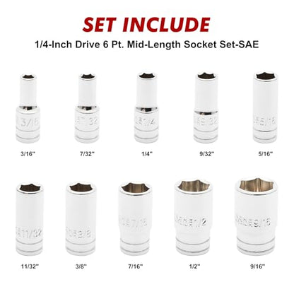CASOMAN 10PCS 1/4"Drive 6 Pt. Mid-Length Socket Set, SAE, 3/16" to 9/16", Mirror Chrome Finish - size: 1/4"Dr., Mid-Length, 4.8 to 14.3mm