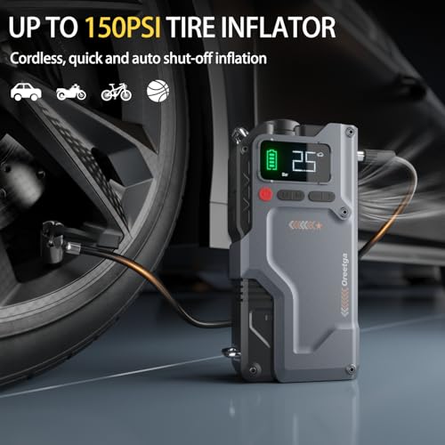 9000A Car Battery Charger Jump Starter with Air Compressor, 150PSI Tire Inflator Air Pump(All Gas/16L Diesel),12V Jump Box Car Battery with Smart Jumper Cables, LCD Display, Portable Power Pack