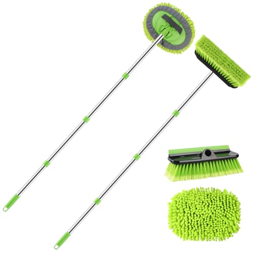 2 Pack Car Wash Brush with 62" Long Handle for Exterior Truck, RV, Boat | Microfiber Car Wash Mop and Car Washing Brush Combo, Soft Bristle Cleaning Brush, Rubber Squeegee, Car Cleaning Kit for Home