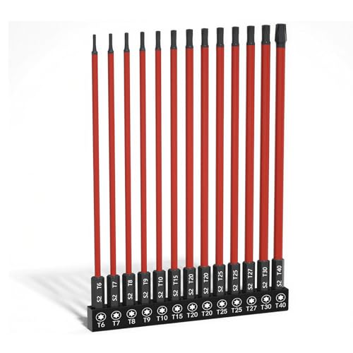 Long Torx Bit Set 6-Inch, 13PCS T6–T40, Magnetic S2 Steel Torx Bits with 1/4" Hex Shank, Extended Reach Torx Set for Deep & Hard-to-Reach Screws, Impact Ready