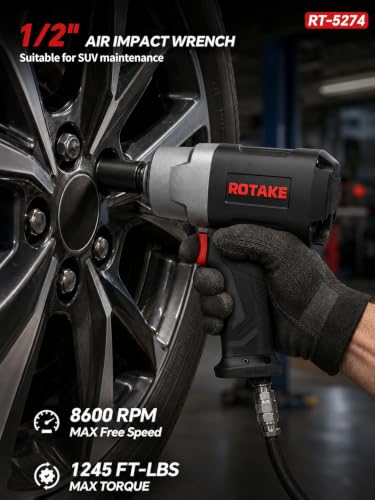 ROTAKE 1/2" Air Impact Wrench, 1245 ft-lbs, Twin Hammer, RT-5274 | 8600 RPM Speed, Heavy-Duty Aluminum Hammer Case, 4.56-lb Composite Body, 3-Speed Control, Auto Repair & Tire Service - size: 1/2" (1245 ft-lbs)RT-5274