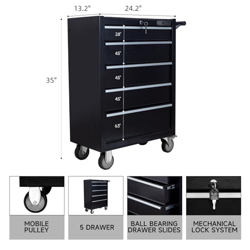 5-Drawer Rolling Tool Chest with Locking Wheels & Drawers, 13" D x 24.2" W x 34.6" H Mobile Tool Storage Cabinet, Heavy-Duty Garage Organizer w/Ergonomic Handle - color: White and Black
