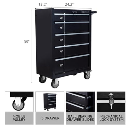 5-Drawer Rolling Tool Chest with Locking Wheels & Drawers, 13" D x 24.2" W x 34.6" H Mobile Tool Storage Cabinet, Heavy-Duty Garage Organizer w/Ergonomic Handle - color: White and Black