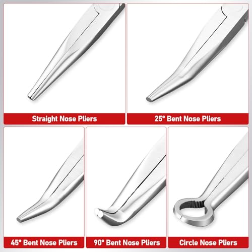 11 Inch 5Pcs Extra Long Needle Nose Pliers Set to Precision Work | Straight and 25°/45°/90°Bent, Circle Nose, Multi-Angle Tips for Tight Access, Long Nose Pliers for Narrow Spaces