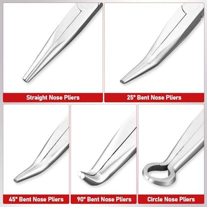 11 Inch 5Pcs Extra Long Needle Nose Pliers Set to Precision Work | Straight and 25°/45°/90°Bent, Circle Nose, Multi-Angle Tips for Tight Access, Long Nose Pliers for Narrow Spaces
