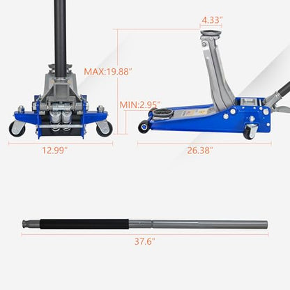 6600lbs/3Ton Low Profile Floor Jack with Foot Pedal Dual Piston Hydraulic | Fast lift dual piston pump with foot pedal, lifting range 2.95"-19.88", heavy duty racing trolley jack for MVP, SUVs & Trucks - size: 3ton(2.95"-19.88") with Foot Pedal