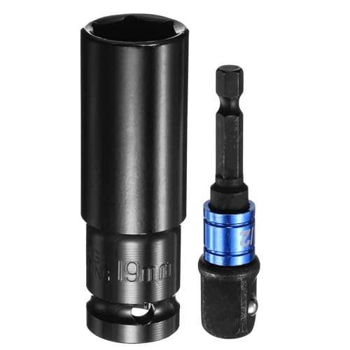 HARFINGTON Deep 6-Point Impact Socket 1/2" Drive 19mm Metric Socket 3" Length with 1/4" Hex Shank Adapter, CR-V Steel Socket Adapter Accessory Tool Set Kit for Hex Bolts Nuts - size: 19mm