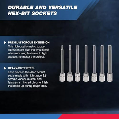 Neiko 10072A 3/8-Inch Drive Extra Long Allen Hex Bit Socket Set, SAE, 1/8-Inch - 3/8-Inch | S2 and Cr-V Steel, 7-Piece Set - style: SAE