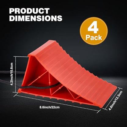 PAHTTO Wheel Chocks, 4Pack Heavy Duty Wheel Chocks with Rope for Easy Removal, Durable, Non-Slip, Hard Plastic Wheel Chocks for, RV, Camper, Effective in Keeping Your Vehicle in Place, Red - color: Red