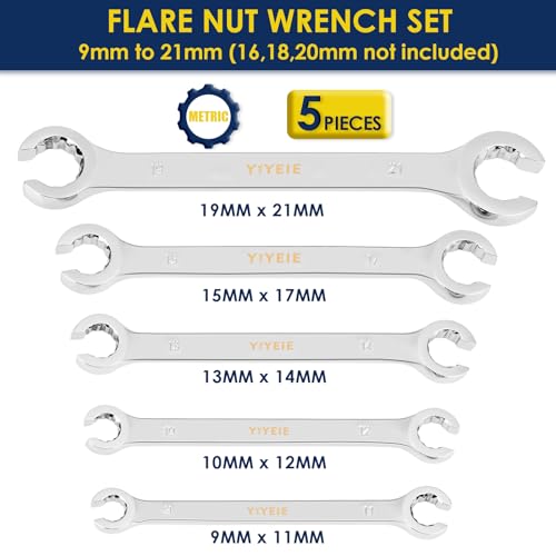 YIYEIE Flare Nut Wrench Set, Metric 5-Piece, Brake Line Wrench Set 9, 10, 11, 12, 13, 14, 15, 17, 19, 21 mm, CR-V Steel, with Roll-up Pouch - color: Metric 5pcs, size: 12-Point