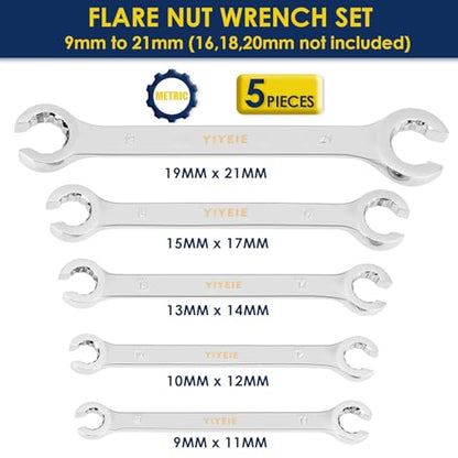 YIYEIE Flare Nut Wrench Set, Metric 5-Piece, Brake Line Wrench Set 9, 10, 11, 12, 13, 14, 15, 17, 19, 21 mm, CR-V Steel, with Roll-up Pouch - color: Metric 5pcs, size: 12-Point