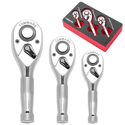 TOMMARS Stubby Ratchet Set 1/4" 3/8" 1/2" Drive Socket Wrench | Hand Tool for Mechanics, 72 Tooth 5-degree swing arc, Quick Release, Reversible - size: 1/4", 3/8", 1/2" Drive, style: Stubby Ratchet Set
