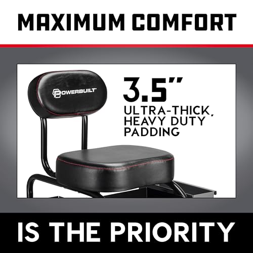 Powerbuilt Professional Mechanics Roller Seat, Heavy Duty Padded Detailer Seat and Backrest, Sliding Storage Drawers, Tool Tray, Can Holders, 4-Inch Swivel Wheels